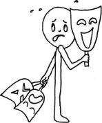 THE RAMIFICATIONS OF WITHHOLDING：一个小人一手把笑脸面具举在脸前，另一手却拎着一张哭脸面具垂在身侧——扣留真实，就是戴着一张不符内心的面具，把真正的情绪藏在身后