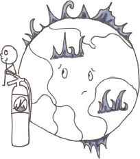 Being the Resolution：一个小人提着灭火器，面对一颗四周燃着火焰、表情焦虑的地球——与其冷漠地骂