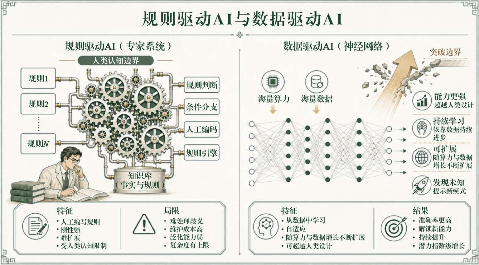 规则驱动AI与数据驱动AI的结构、特征及局限对比
