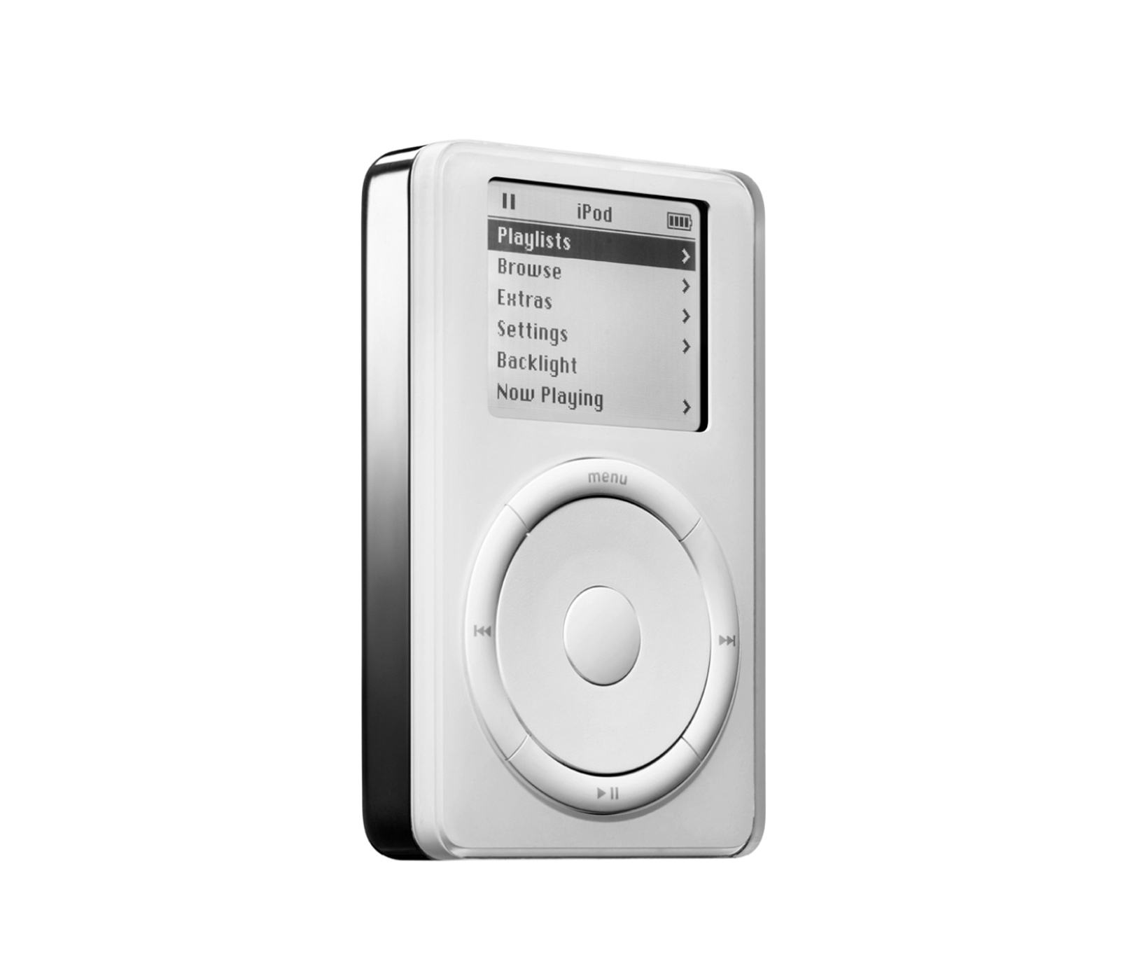 图：2001 年 10 月发布的初代 iPod，标语「口袋里装下 1000 首歌」，与七个月前的愿景模型几乎一模一样。