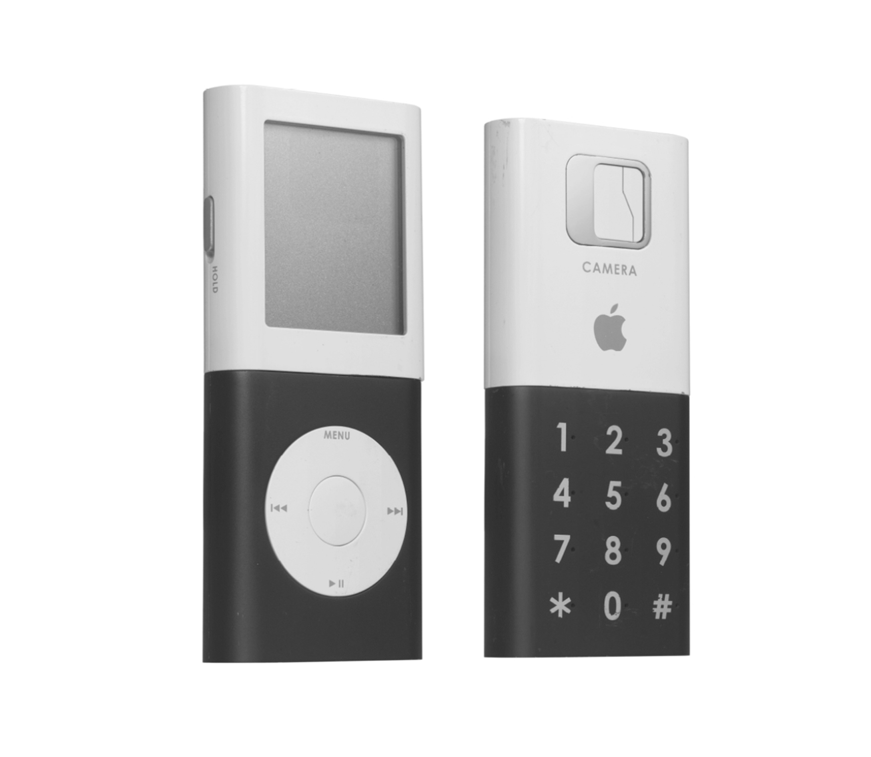 图：这台「iPod-手机」模型并非苹果所做，而是某代工厂听闻苹果在做手机后主动来推销的方案；上半部可旋转 180 度以便拨号或打字——点子不坏，但它不是 iPhone，恰说明围绕 click wheel 设计一部手机的不可能。
