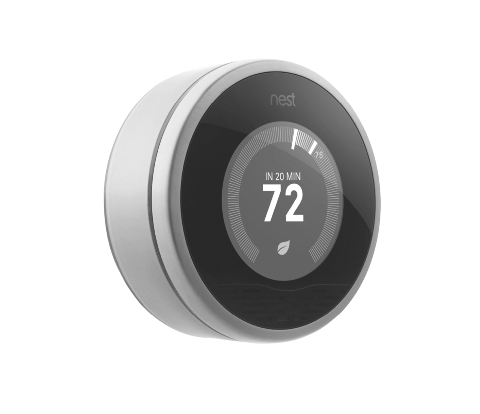 图：Nest Learning Thermostat——2.75 英寸圆形屏、自带 App、能学习你的作息并在无人时自动调低的初代智能恒温器
