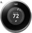 图 2-6 带显式概念模型的 Nest 恒温器：蓝色背景表示正在制冷，当前 75°F、目标 72°F，预计 20 分钟到达；手机端给出设置与能耗摘要
