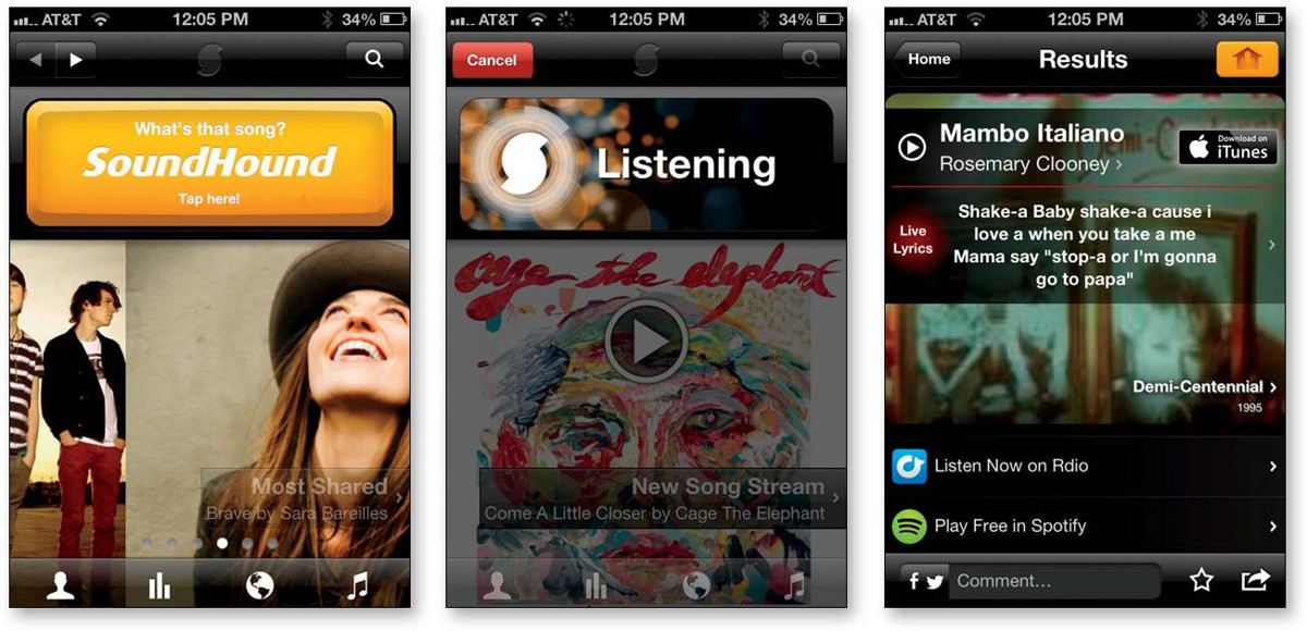 三个手机 App 界面（SoundHound 等）——移动端的可用性范例