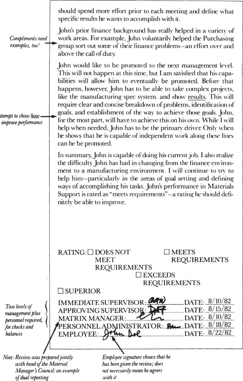 John Doe 绩效评估范例（下）：评级框与多级签字栏的批注，以及