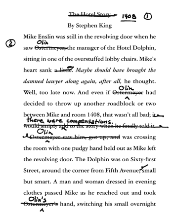 附录手稿之一：金把冗长的人名 Ostermeyer 全局替换成 Olin，标题《The Hotel Story》改为《1408》（数字相加=13）