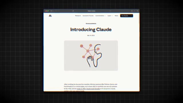 片头 B-roll 闪过 anthropic.com 上最初那篇「Introducing Claude」发布公告（配经典神经网络图标）——对应 Lenny 所说