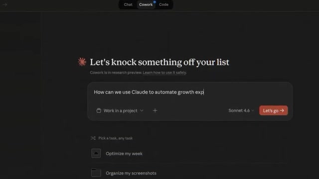 Cowork 桌面端主界面：顶部 Chat / Cowork / Code 三栏切换，