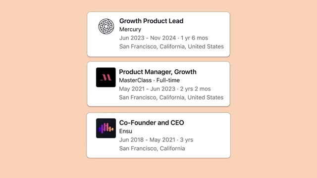 片头职业轨迹:Anthropic 之前是 Mercury 增长产品负责人、MasterClass 增长 PM,更早是 Ensu 的联合创始人兼 CEO(创业 3 年)