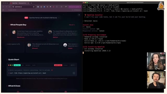 安装演示：左侧 openclaw.ai 官网（Quick Start 给出一行 curl … | bash），右侧终端里 OpenClaw Installer 正在跑——Detected: macOS → [1/3] 准备环境 → [2/3] 安装 OpenClaw