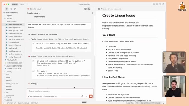 /create-issue 演示：左侧 .claude/commands/ 文件树（create-issue.md、create-plan.md、exploration-phase.md、peer-review.md…）、中间 Claude 经 Linear MCP 现场建工单，右侧预览给出工单要件（清晰标题 / TL;DR / 受影响文件 / 优先级）