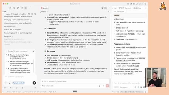三窗布局下的多模型互审：左侧 CODEX（Codex 5.1 Max）跑出一份审查任务清单，中间 Cursor 的 /review 汇总（Files reviewed 20 / Critical 0 / High 5 / Medium 4 / Low 5 + 一串待澄清 Questions），右侧 Composer 给出 Recommendations——三个模型对同一分支各审一遍、