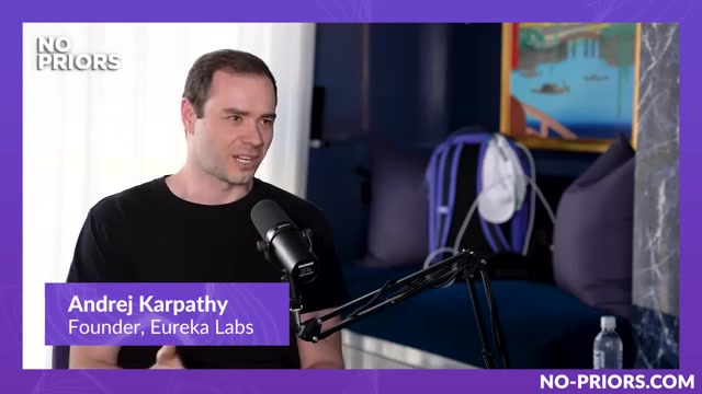 嘉宾 Andrej Karpathy（下方字幕条标注 Founder, Eureka Labs）——参与联合创办 OpenAI、曾任 Tesla AI 主管，本期在 No Priors 谈代码 agent、auto research 与 AI 的