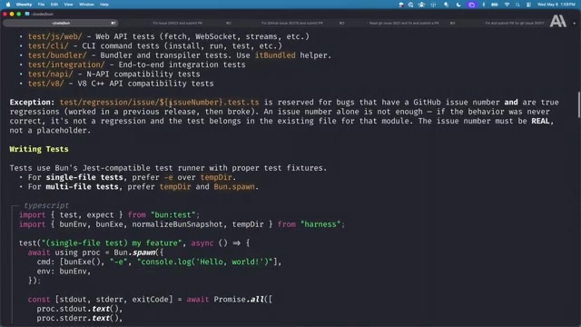 Bun 仓库 CLAUDE.md 现场片段：测试目录约定、test/regression/issue/${issueNumber}.test.ts 的硬规则，以及「怎么写测试」的 TypeScript 示例
