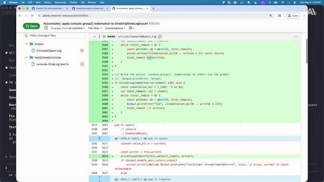 RoboBun 自动提交的一个 PR（修 console.group 缩进）——绿色为新增的 Zig 代码，左侧是改动文件列表，且强制带测试