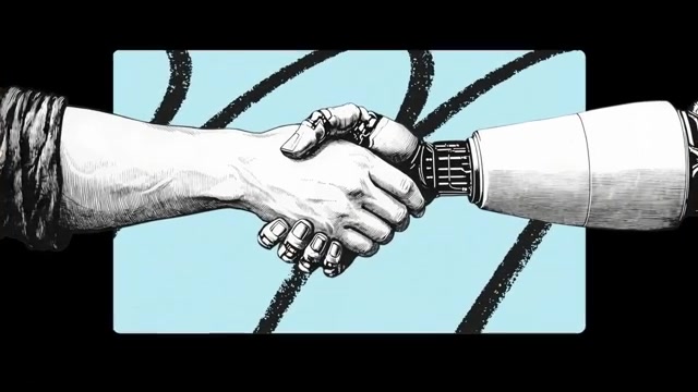 片头主视觉：一只人手与一只机械手相握——本期核心悖论的图解，「越自动化，越需要人」
