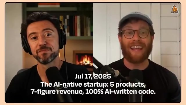 被回放的上一期（Jul 17, 2025）：标题「The AI-native startup: 5 products, 7-figure revenue, 100% AI-written code」——左 Lenny、右 Dan，正是这期开头复盘的「神预言」现场