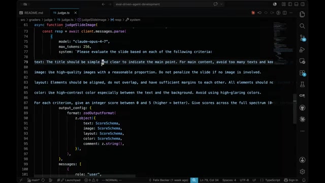 现场 IDE 里 judge 模型评委的源码 judge.ts:judgeSlideImage 用 model: