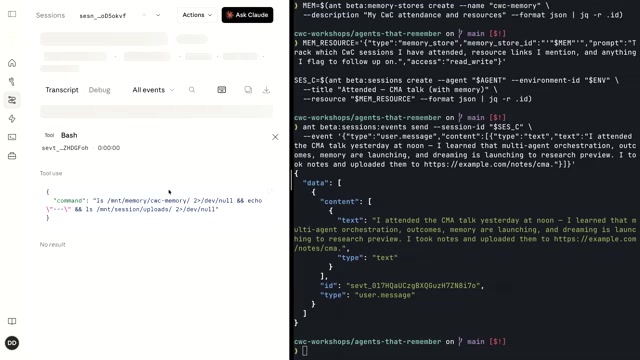 挂载演示：右侧 CLI 用 --resource $MEM_RESOURCE 把记忆库挂进 session，左侧 agent 用 bash（ls /mnt/memory/...）探索这块挂载进来的