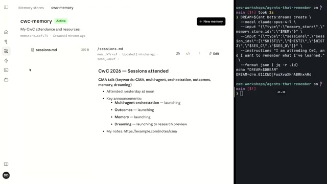 console 里的 memory store 文件查看器：cwc-memory（Active）中 agent 自存的 sessions.md，内容是「CwC 2026 — Sessions attended」，可直接 Edit