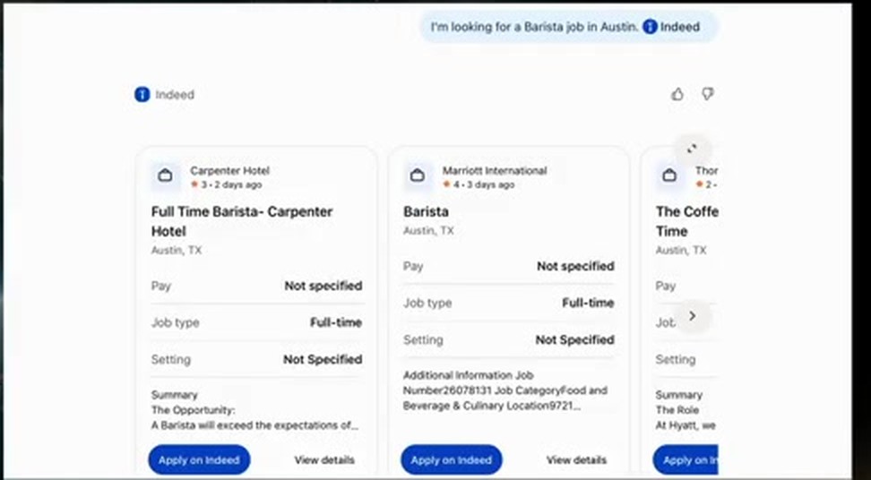 Indeed 在聊天窗里渲染的 MCP App 职位卡片
