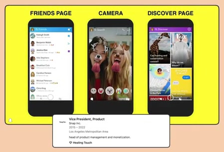 Snapchat 好友页、相机、Discover 三屏与 Snap 履历卡