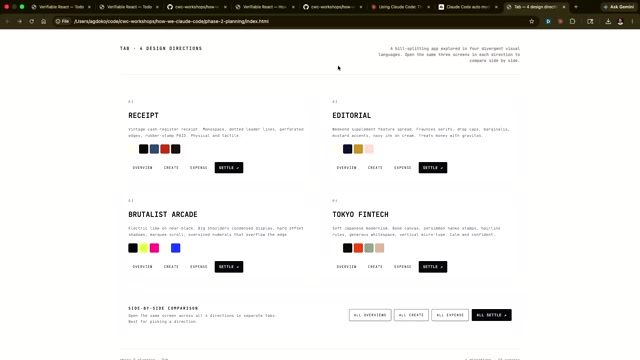 「4 design directions」HTML 页面：同一个分账 app 被生成成四种迥异的视觉方向——Receipt（收据风）、Editorial（杂志排版）、Brutalist Arcade（粗野主义街机）、Tokyo Fintech（东京金融科技），每个都可点击交互、可并排对比