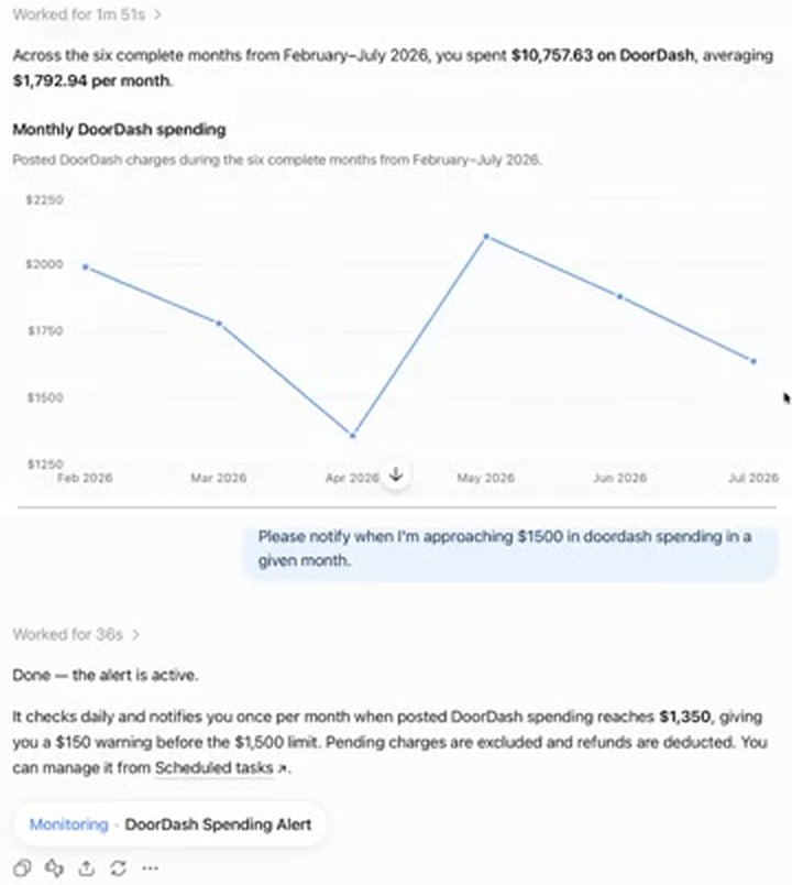 DoorDash 六个月花销折线图与一句话设好的消费提醒