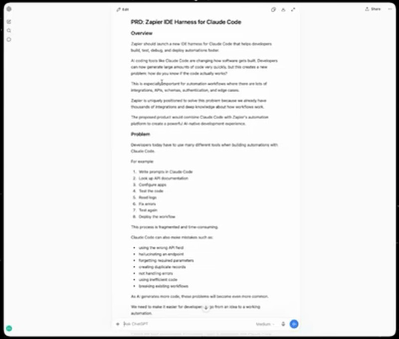第一份 PRD 的 ChatGPT 画布