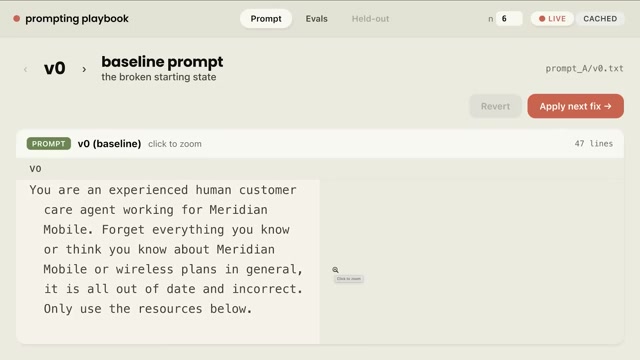 演示用的 eval web app 与 v0「baseline prompt（破损起点）」：开头第一句就写着「You are an experienced human customer care agent...（你是一名经验丰富的人类客服）」——这句