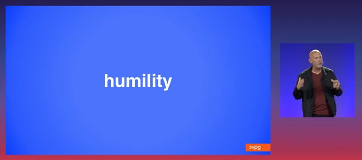幻灯片单词卡 humility，右侧小窗是正在讲的 Cagan