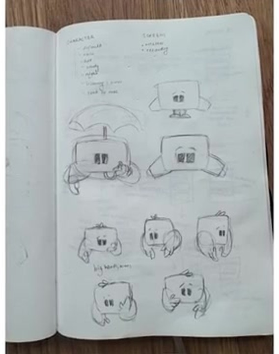 笔记本单页：标题 CHARACTER 的方盒子小角色草图