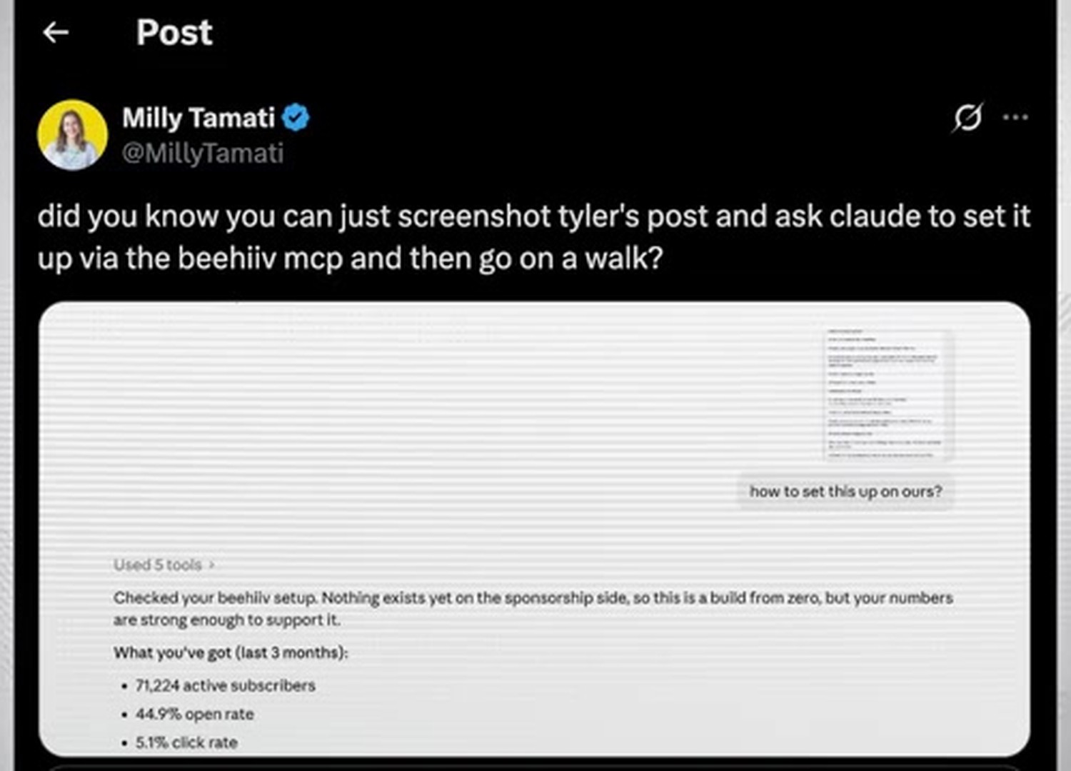 Milly 在 X 上发的一条提到 beehiiv 的帖子