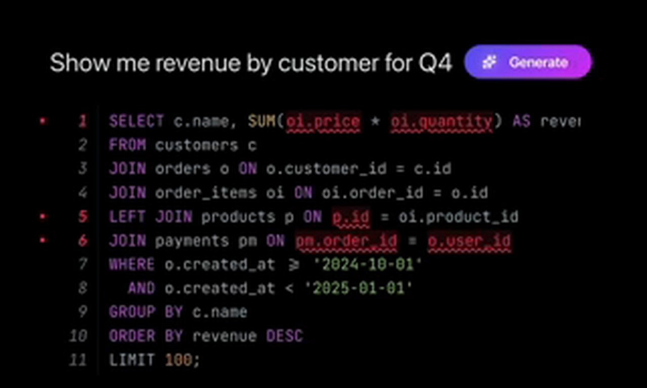 点 Generate 按钮生成的一段带红色波浪线的 SQL