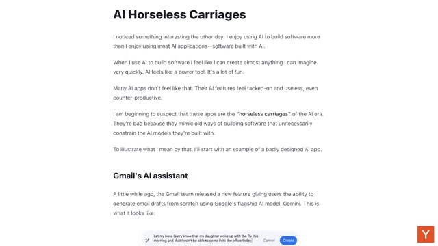 节目中展示的 Pete 文章《AI Horseless Carriages》正文：核心论点是