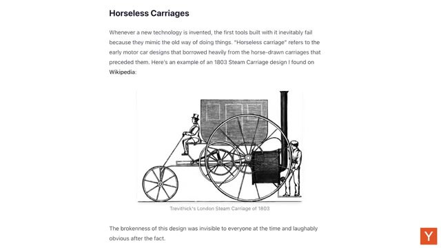文章配图：Trevithick 1803 年的伦敦蒸汽马车——新技术诞生时，第一批工具总沿用旧范式（把汽车做成马车的样子），