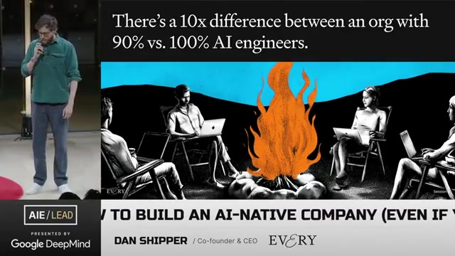演讲核心论点：90% 工程师用 AI 的组织 vs 100% 用 AI 的组织，二者存在 10 倍差距（Every 幻灯片，篝火插画）