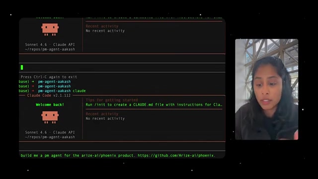 Claude Code（Sonnet 4.6 · Claude API）在 pm-agent-aakash 目录里启动，底部输入框是那条起步 prompt：build me a pm agent for the arize-ai/phoenix product. https://github.com/Arize-ai/phoenix