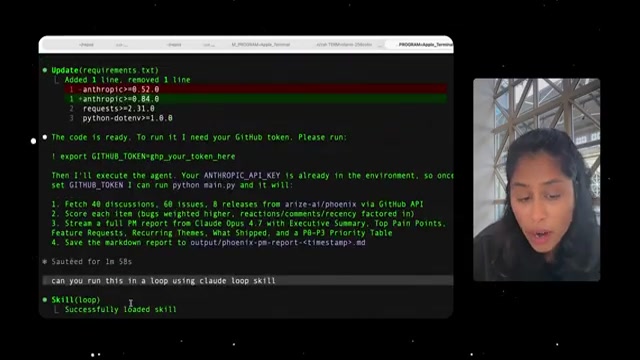 Claude Code 终端：agent 报出执行计划——抓 40 discussions / 60 issues / 8 releases、给每项打分、用 Claude Opus 4.7 产出含执行摘要+Top Pain Points+P0-P3 优先级表的 PM 报告；下方一句「can you run this in a loop using claude loop skill」触发 Skill(loop) Successfully loaded skill