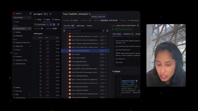 Arize spans 视图（6.42k spans）：逐个 GitHub issue 作为一条 span 排开（score: How to export data…、score: Cannot install Phoenix…），选中一条后右侧 Output 面板展开它打分的 JSON——composite_score / category / reaction_weight / recency_total / scoring_breakdown