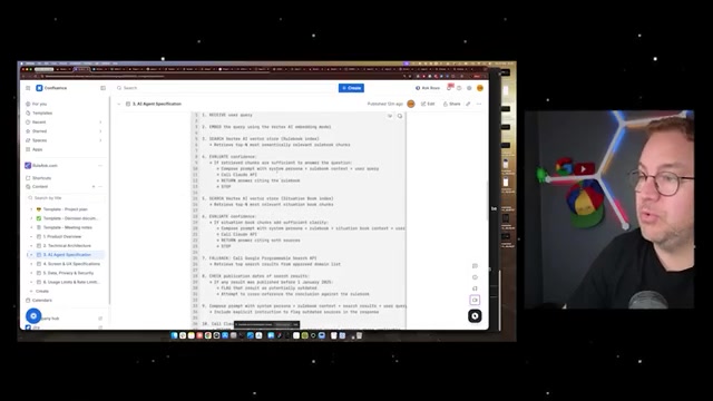 agent 真的把规格写进 Confluence 的样子:页面标题「3. AI Agent Specification」,正文是一条条可执行步骤——①接收用户查询 → ②用 embedding 模型把查询向量化 → ③在向量库(规则手册索引)里检索 → 评估置信度(够了就比对系统上下文+规则手册内容+用户查询、调 Claude API、引用规则手册作答)→ 不够再退到情境手册 → 最后兜底走在线搜索 API,并「显式加一条指令:标注过时的资料源」。左侧导航是这个项目的完整空间树(1 产品概览 / 2 技术架构 / 3 AI Agent 规格 / 4 屏幕与 UX / 5 数据隐私与安全 / 6 用量与限流)——「好规格 → 好产品」落到实处的证据