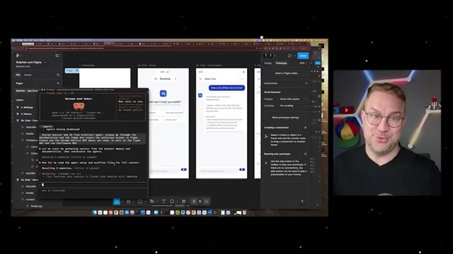 system analyst + UX flow architect 两个 agent 协作的现场:左侧终端打出指令「system analyst 和 UX flow agent,请把文档和 Figma 都过一遍,在 Figma 里创建出原型箭头,需要时用 Chrome DevTools MCP、Figma MCP 和 Confluence MCP」;中间就是 Figma 里 RuleAsk 各屏(聊天界面「Hi! What can I help you with?」等)被自动连出的 prototype 原型箭头;右侧 Figma 面板正显示「Creating a connection」。这就是 agent 像真人一样操作 Figma、把静态屏接成可点击原型的一幕