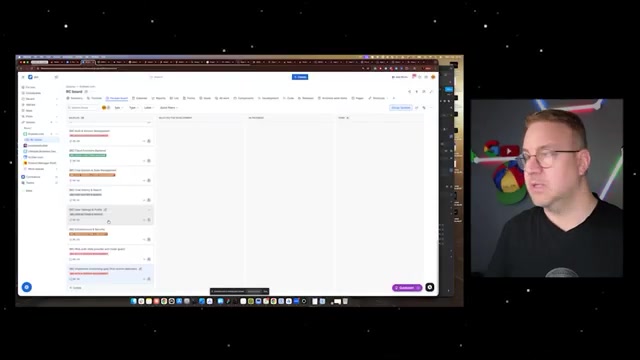 agent 经 Atlassian MCP 在真实 Jira「RK Board」看板上建出的开发工单:待办列里一张张卡片各带彩色状态条(进行中/待办等)。因 MCP 没有建真 sprint 的权限,Gabor 用「标签 tag」把工单标成 sprint one / two 来表达依赖顺序——「有些东西得先做完,别的才能开始,这就是为什么需要 sprint」