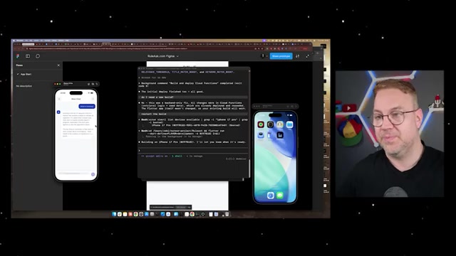 做好的「Rule Ask」真机演示:左右两台 iPhone 模拟器——左屏是 app 的聊天界面,右屏是把 RuleAsk app 装上手机后的主屏图标;中间 Claude Code 终端正在出活:「Building on iPhone 17 Pro… 后台命令『Build and deploy Cloud Functions』已完成、初次部署也通过,一切正常,我做好了会告诉你。」这就是从规格到可运行 app 的最后一步——agent 把代码编译、部署、推上模拟器