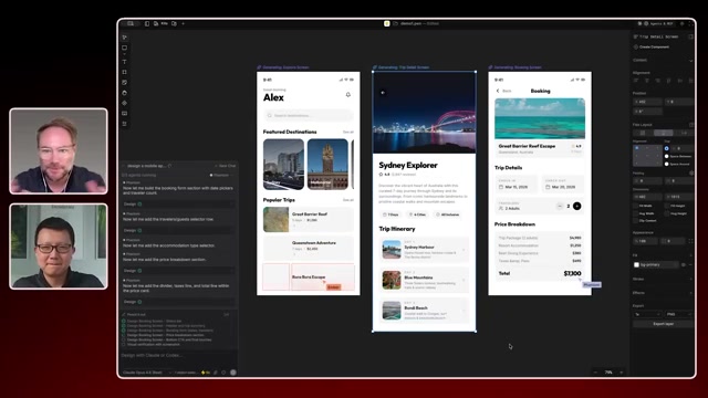 6 个 agent 并行设计出的大洋洲旅行 app——记录目的地、Sydney Explorer 行程、预订总价 $7300 三屏