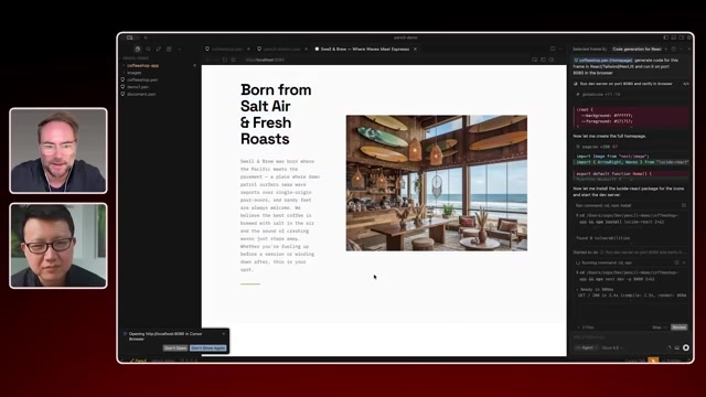 由设计稿生成的 React + Next.js 网站跑在浏览器 8080 端口，右侧是 agent 实时生成代码的面板