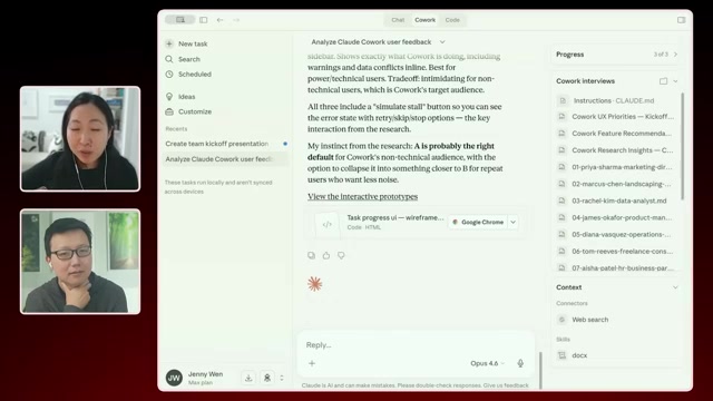 「Analyze Cowork user feedback」会话：右栏列出接入的「Cowork interviews」文件夹（CLAUDE.md、UX Priorities、Feature Recommend… 及 01-priya / 02-marcus… 多份拟真访谈），下方 Context 挂着 Connectors（Web search）与 Skills（docx）——「垃圾进、珍宝出」的多来源汇集（视频 21:30）