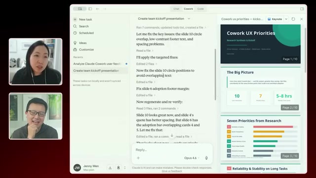 并行任务的演示文稿产物：右侧自动生成的「Cowork UX Priorities — Kickoff & Synthesis」Keynote 卡片，含「The Big Picture」统计卡（10 / 7 / 5-8 hrs）、「Seven Priorities from Research」条形图与「Reliability & Stability on Long Tasks」；左侧对话正在逐条修订排版（视频 19:30）