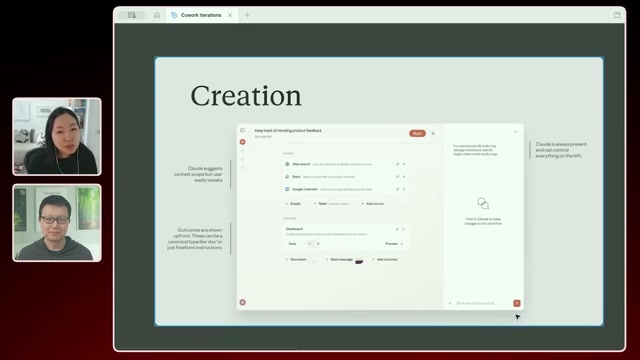 Cowork 交互模型设计稿「Creation」：一个任务（Keep track of trending product feedback）的设置原型——左侧挂 Web search / Slack / Google Calendar 等来源与 Dashboard 产物，并标注「Claude 建议上下文范围但用户可调」「产出先行（可选 doc 等规范类型或自由指令）」「Claude 常驻、掌控左侧一切」（视频 29:00）