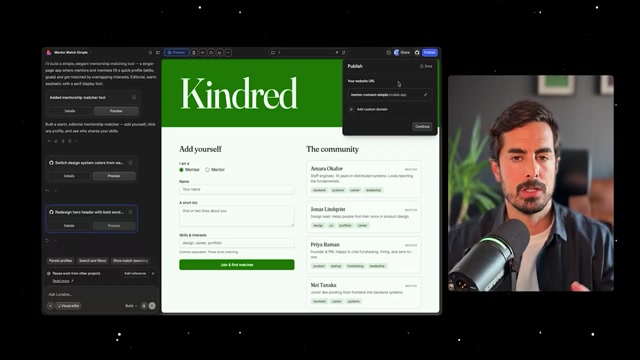 在 Claude Code 改完设计 merge 回来后，Lovable 里「Kindred」工具已换成绿色主题（左侧任务列表可见「Switch design system colors…」「Redesign hero header…」），右上角 Publish 弹窗才是真正把它推上线的那一步